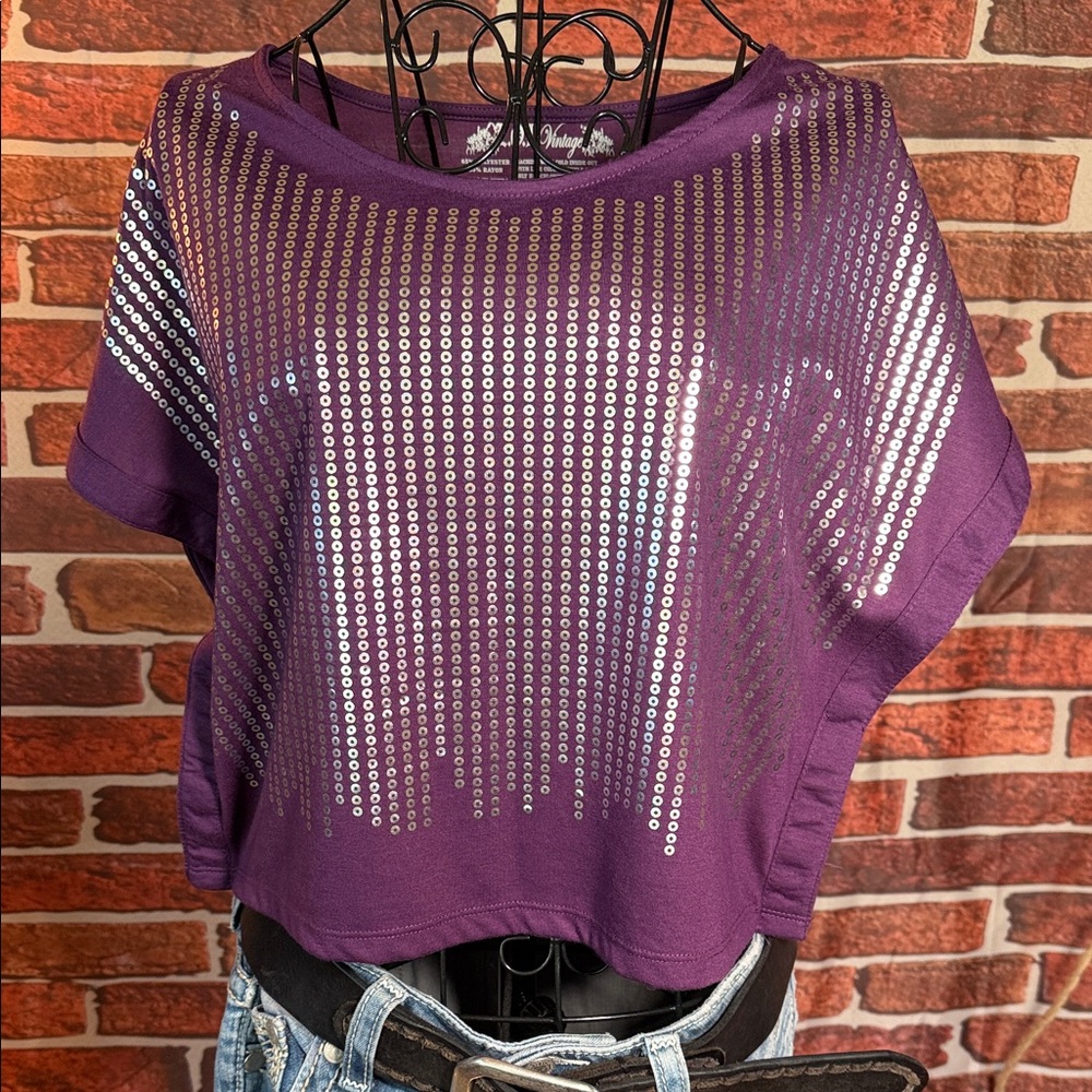 👚 LOL Vintage Purple Foil Stripe Cropped Top Rayon NWOT M / I